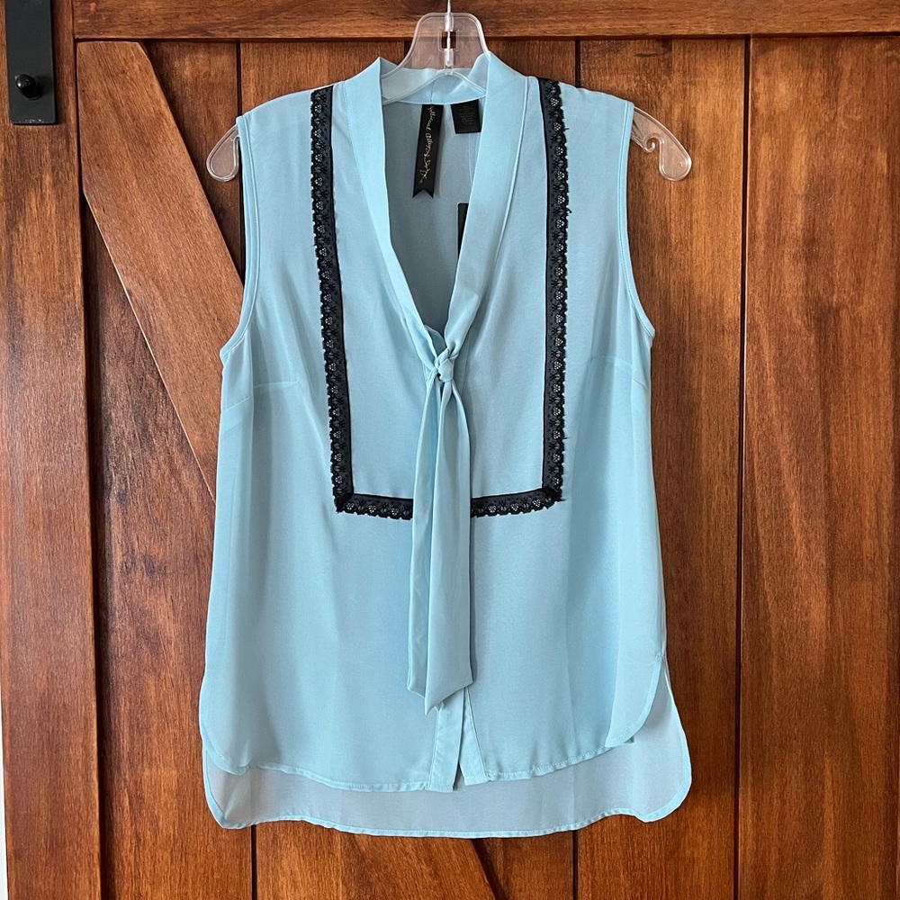 NWT adorable sky blue, sheer tank top blouse, neck tie